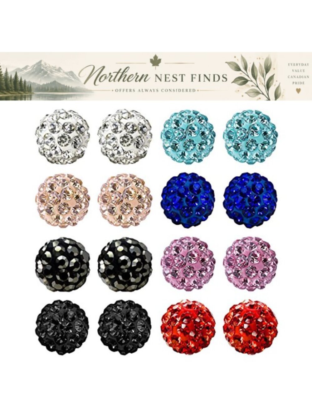 Rhinestones Crystal Ball Stud Earrings Set 8 Pairs Stainless Steel